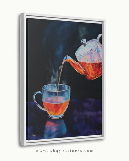 Tea Lover Wall Art, Dark Moody Glass Teapot Canvas Print, Colorful Kitchen Decor, Cozy Tea Room Art, Housewarming Framed Canvas Gift