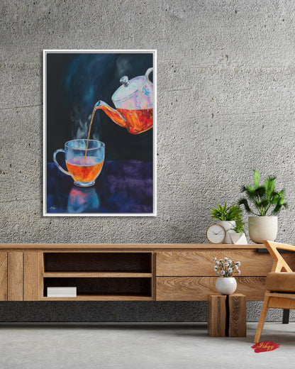 Tea Lover Wall Art, Dark Moody Glass Teapot Canvas Print, Colorful Kitchen Decor, Cozy Tea Room Art, Housewarming Framed Canvas Gift