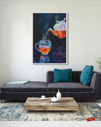 Tea Lover Wall Art, Dark Moody Glass Teapot Canvas Print, Colorful Kitchen Decor, Cozy Tea Room Art, Housewarming Framed Canvas Gift