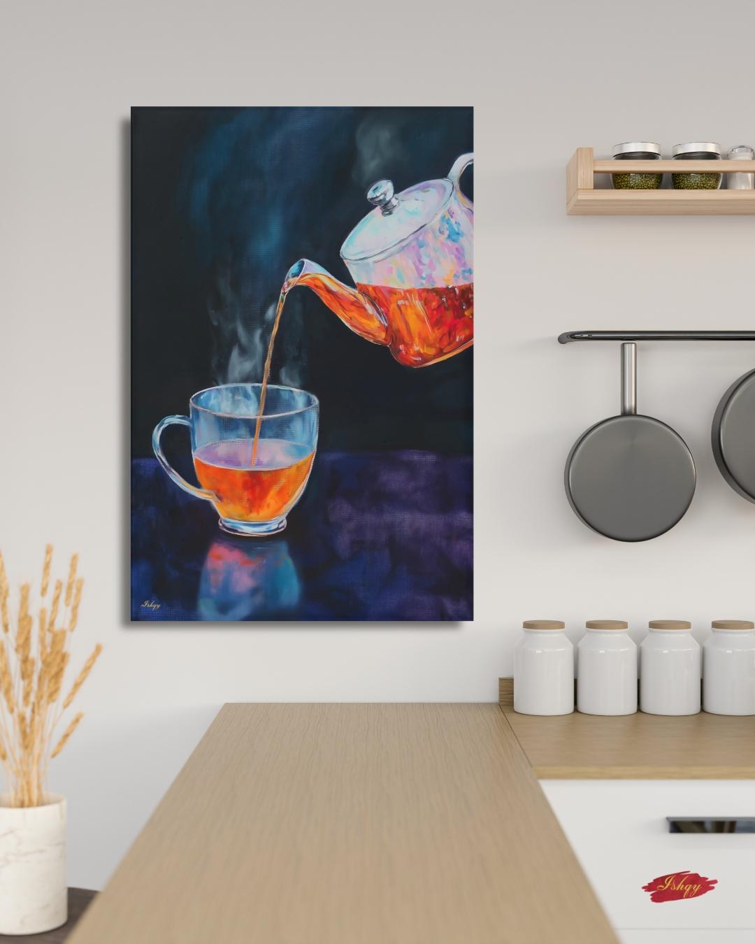 Tea Lover Wall Art, Dark Moody Glass Teapot Canvas Print, Colorful Kitchen Decor, Cozy Tea Room Art, Housewarming Framed Canvas Gift