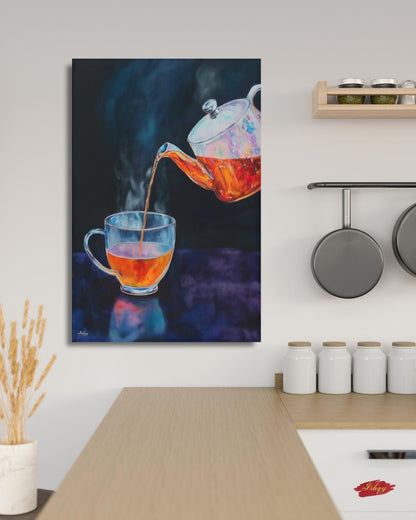 Tea Lover Wall Art, Dark Moody Glass Teapot Canvas Print, Colorful Kitchen Decor, Cozy Tea Room Art, Housewarming Framed Canvas Gift