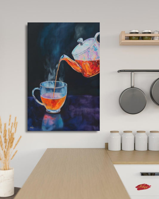 Tea Lover Wall Art, Dark Moody Glass Teapot Canvas Print, Colorful Kitchen Decor, Cozy Tea Room Art, Housewarming Framed Canvas Gift
