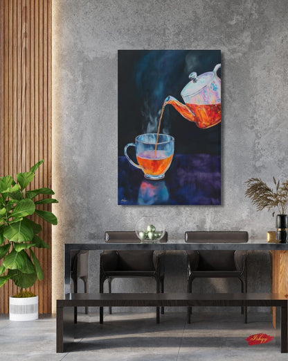 Tea Lover Wall Art, Dark Moody Glass Teapot Canvas Print, Colorful Kitchen Decor, Cozy Tea Room Art, Housewarming Framed Canvas Gift
