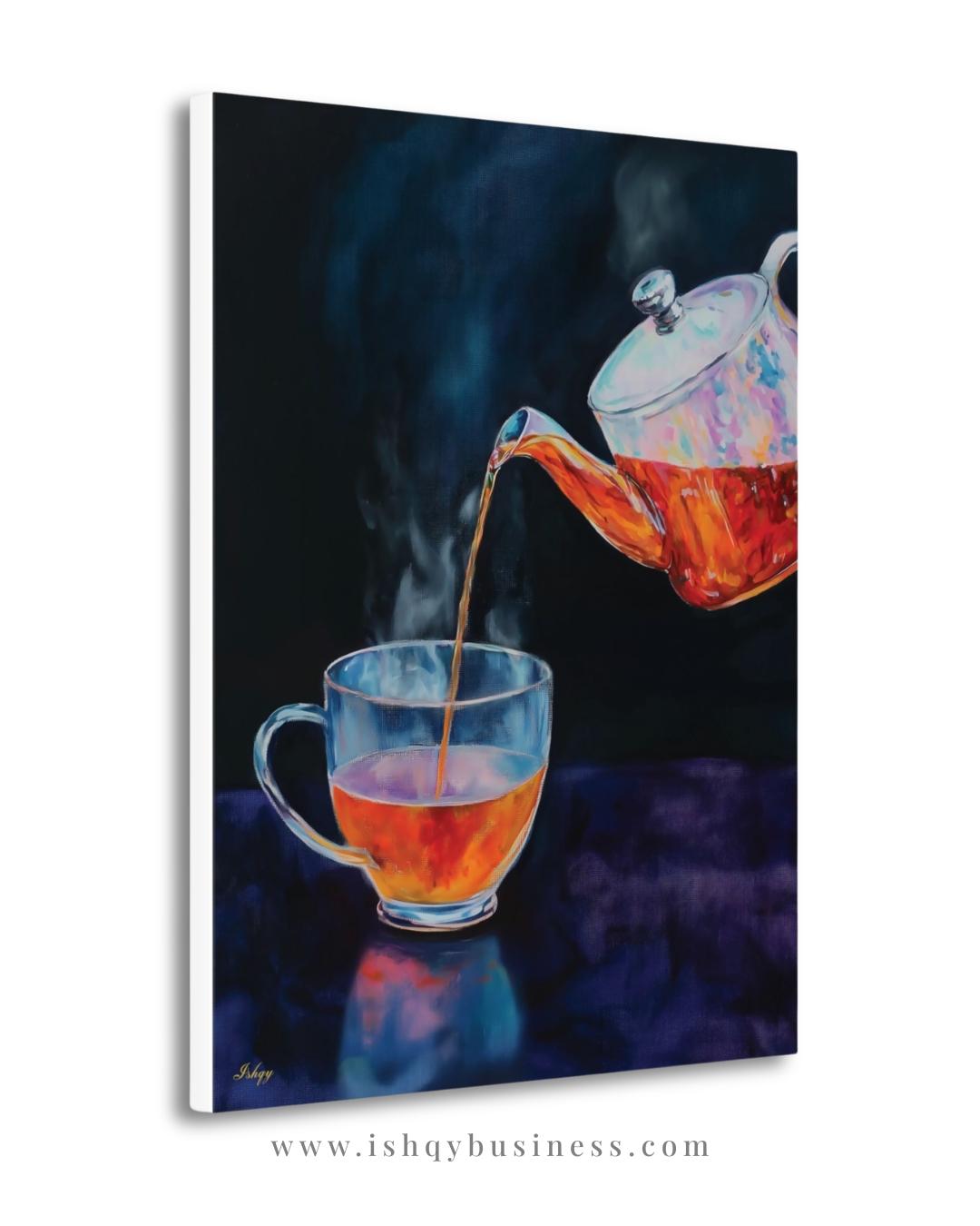 Tea Lover Wall Art, Dark Moody Glass Teapot Canvas Print, Colorful Kitchen Decor, Cozy Tea Room Art, Housewarming Framed Canvas Gift