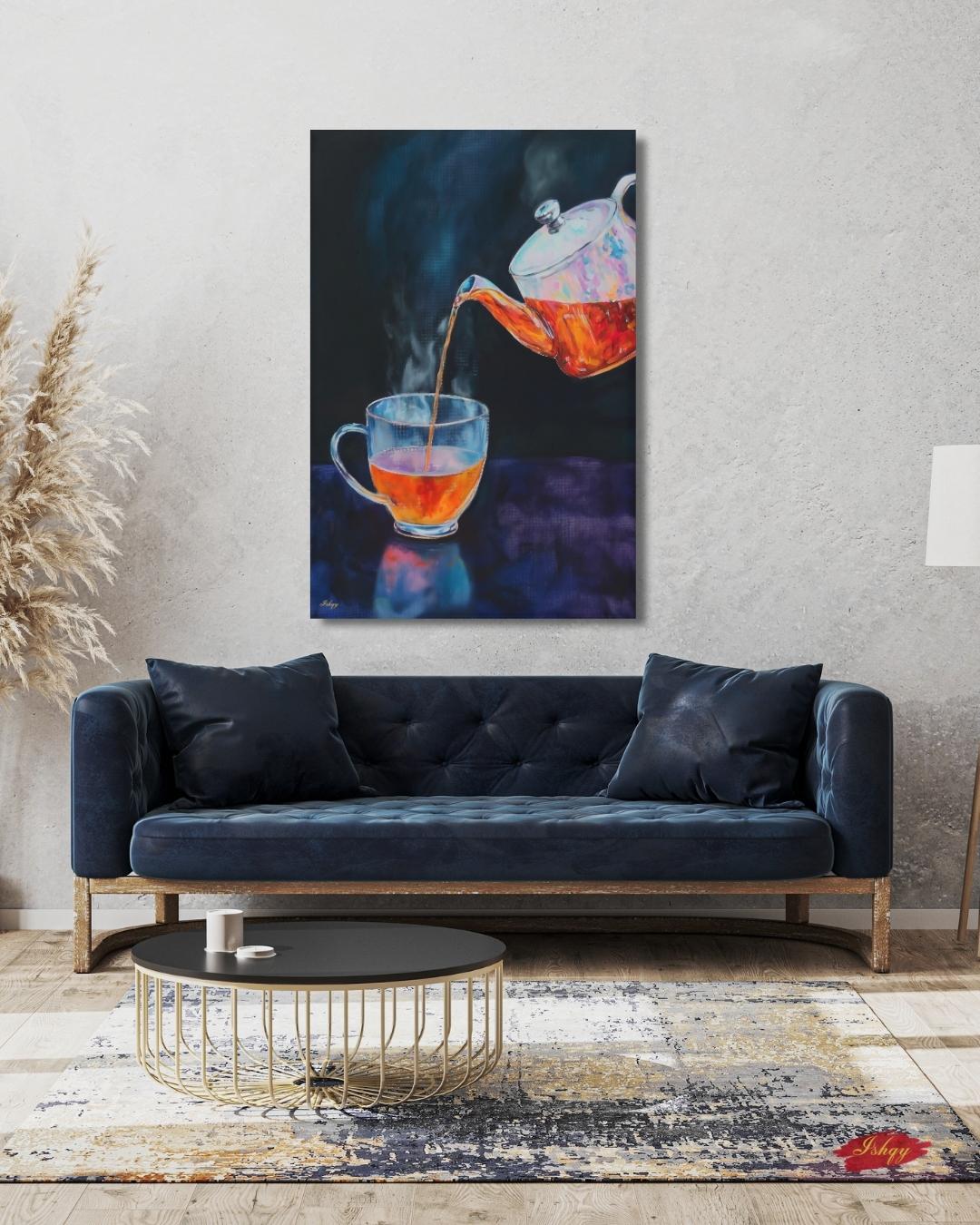 Tea Lover Wall Art, Dark Moody Glass Teapot Canvas Print, Colorful Kitchen Decor, Cozy Tea Room Art, Housewarming Framed Canvas Gift
