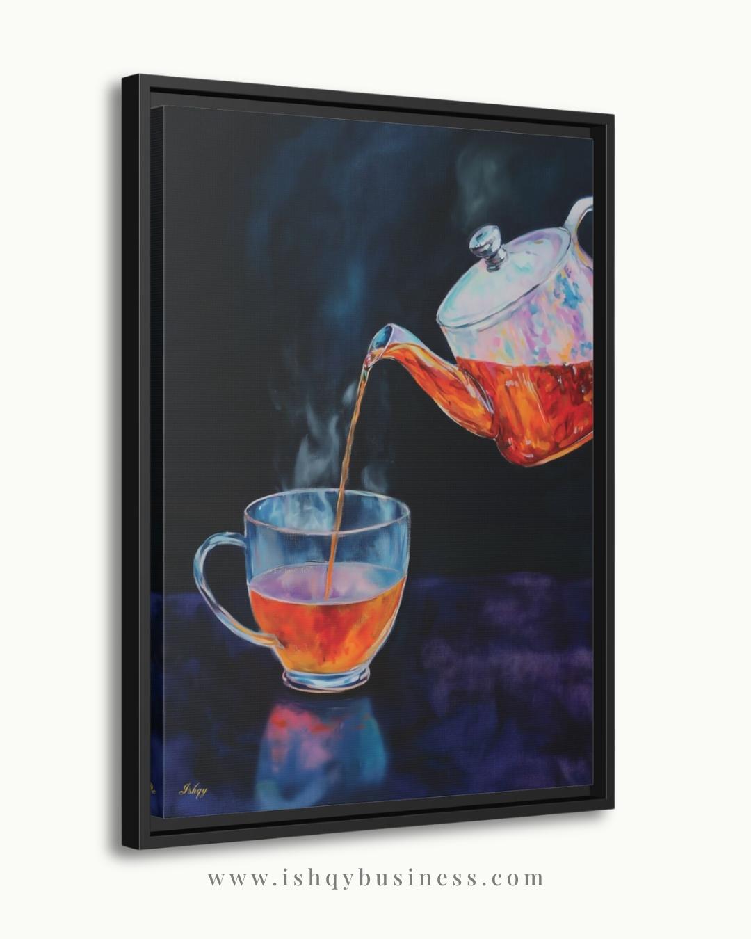 Tea Lover Wall Art, Dark Moody Glass Teapot Canvas Print, Colorful Kitchen Decor, Cozy Tea Room Art, Housewarming Framed Canvas Gift