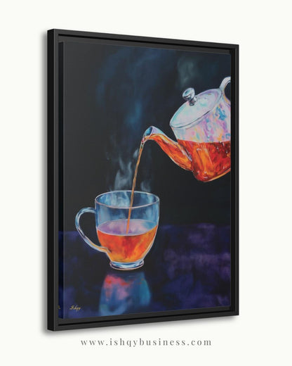Tea Lover Wall Art, Dark Moody Glass Teapot Canvas Print, Colorful Kitchen Decor, Cozy Tea Room Art, Housewarming Framed Canvas Gift
