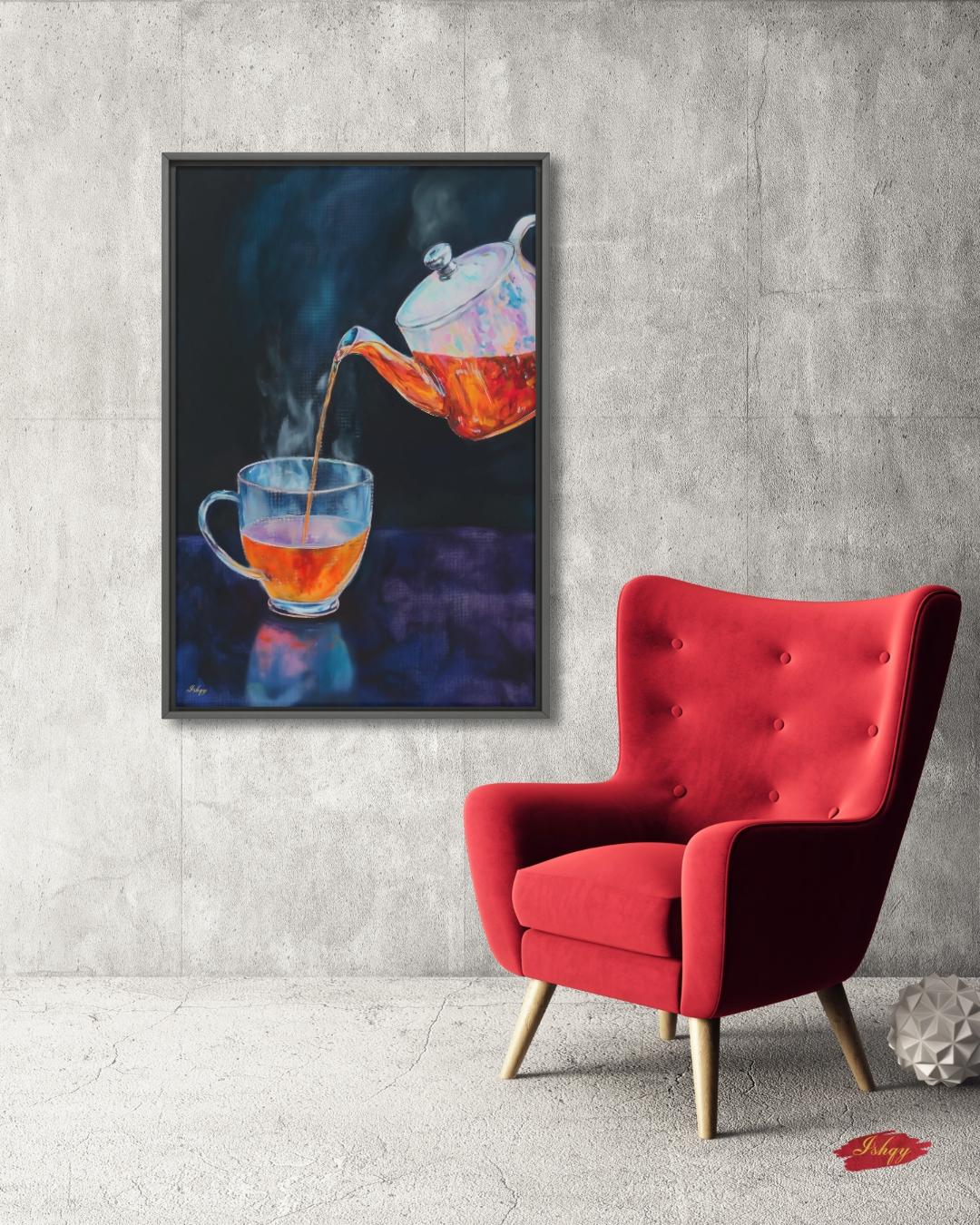 Tea Lover Wall Art, Dark Moody Glass Teapot Canvas Print, Colorful Kitchen Decor, Cozy Tea Room Art, Housewarming Framed Canvas Gift