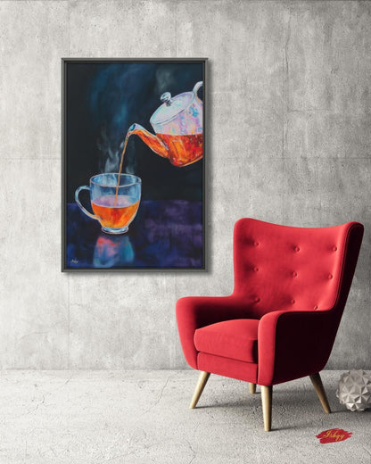 Tea Lover Wall Art, Dark Moody Glass Teapot Canvas Print, Colorful Kitchen Decor, Cozy Tea Room Art, Housewarming Framed Canvas Gift