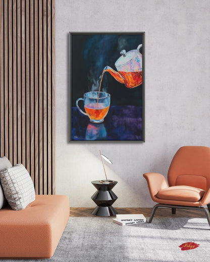 Tea Lover Wall Art, Dark Moody Glass Teapot Canvas Print, Colorful Kitchen Decor, Cozy Tea Room Art, Housewarming Framed Canvas Gift