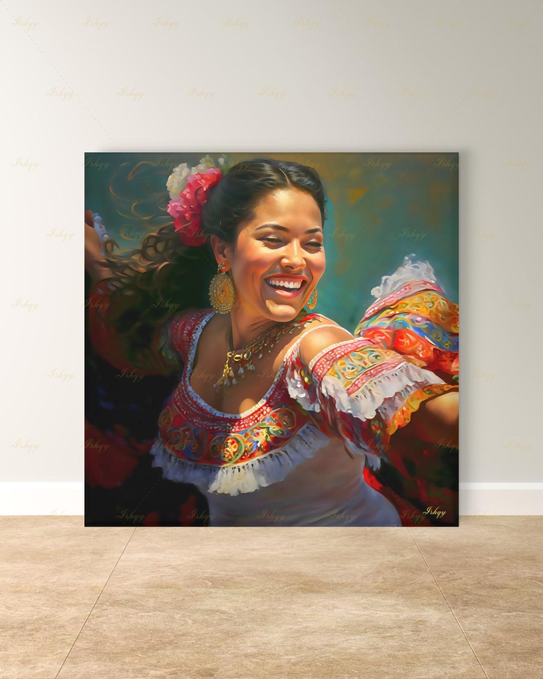 Mexican Folklorico Dancer Canvas Wall Art, Colorful Latina Woman Framed Canvas Print, Traditional Fiesta Oil Painting, Living Room Decor