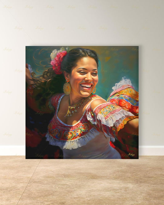 Mexican Folklorico Dancer Canvas Wall Art, Colorful Latina Woman Framed Canvas Print, Traditional Fiesta Oil Painting, Living Room Decor