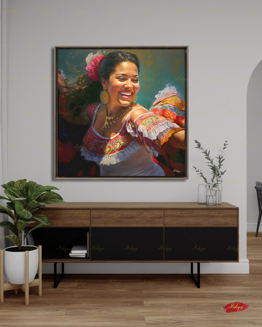 Mexican Folklorico Dancer Canvas Wall Art, Colorful Latina Woman Framed Canvas Print, Traditional Fiesta Oil Painting, Living Room Decor
