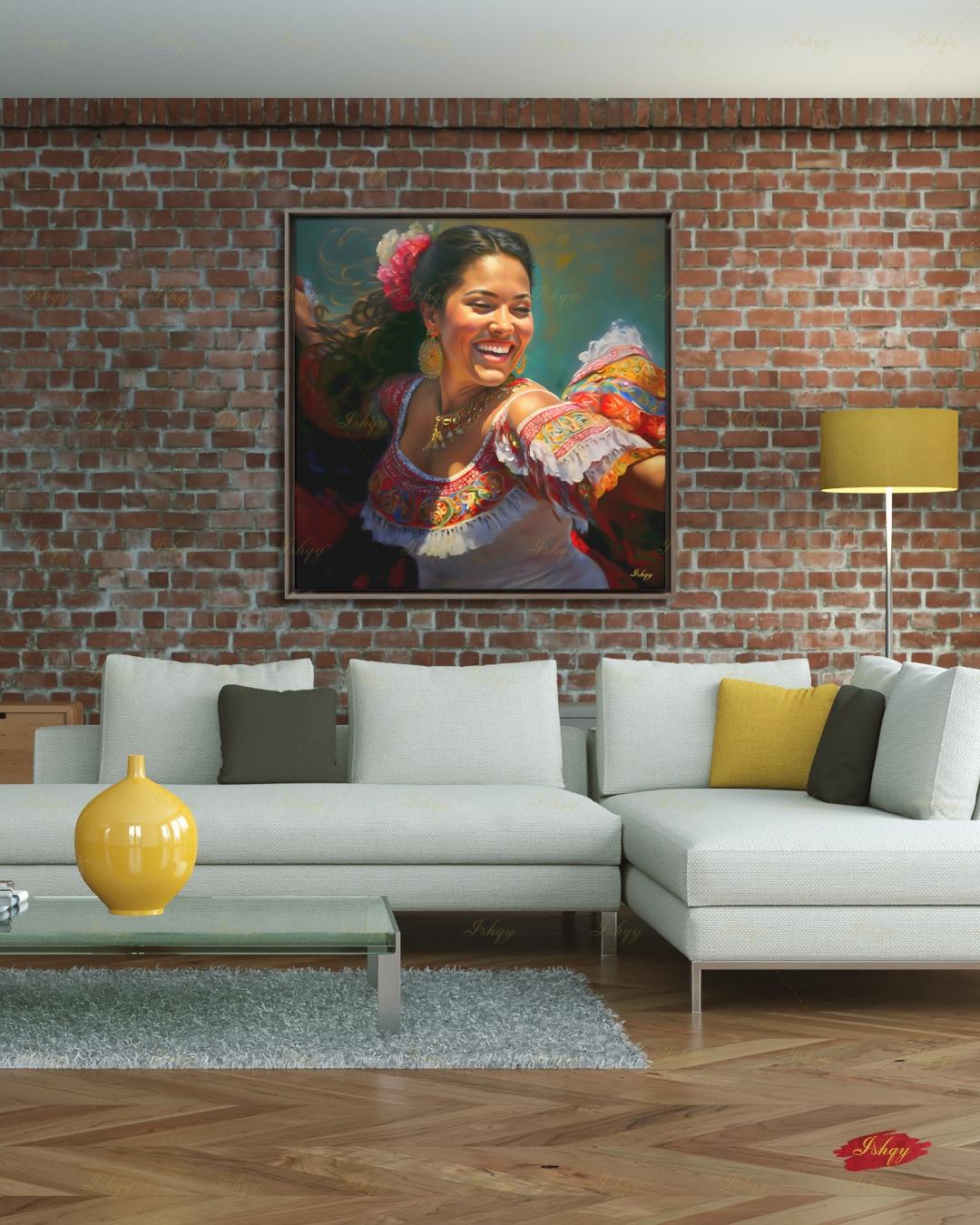 Mexican Folklorico Dancer Canvas Wall Art, Colorful Latina Woman Framed Canvas Print, Traditional Fiesta Oil Painting, Living Room Decor