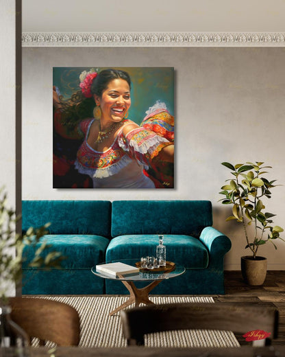 Mexican Folklorico Dancer Canvas Wall Art, Colorful Latina Woman Framed Canvas Print, Traditional Fiesta Oil Painting, Living Room Decor