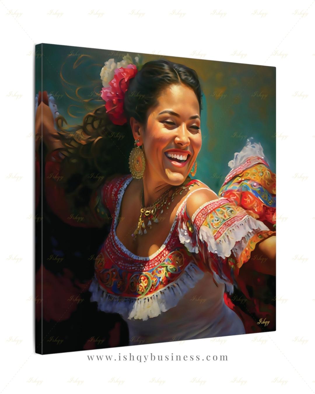 Mexican Folklorico Dancer Canvas Wall Art, Colorful Latina Woman Framed Canvas Print, Traditional Fiesta Oil Painting, Living Room Decor
