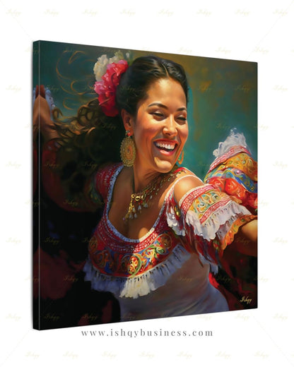 Mexican Folklorico Dancer Canvas Wall Art, Colorful Latina Woman Framed Canvas Print, Traditional Fiesta Oil Painting, Living Room Decor