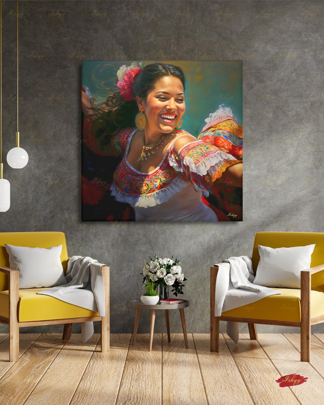 Mexican Folklorico Dancer Canvas Wall Art, Colorful Latina Woman Framed Canvas Print, Traditional Fiesta Oil Painting, Living Room Decor