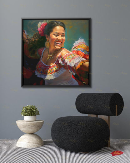 Mexican Folklorico Dancer Canvas Wall Art, Colorful Latina Woman Framed Canvas Print, Traditional Fiesta Oil Painting, Living Room Decor