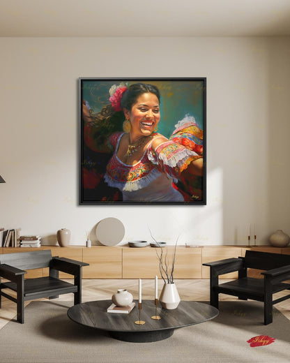 Mexican Folklorico Dancer Canvas Wall Art, Colorful Latina Woman Framed Canvas Print, Traditional Fiesta Oil Painting, Living Room Decor