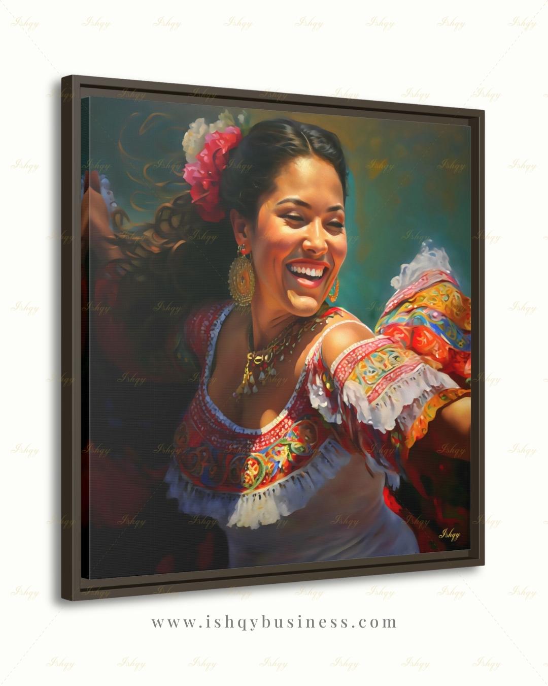 Mexican Folklorico Dancer Canvas Wall Art, Colorful Latina Woman Framed Canvas Print, Traditional Fiesta Oil Painting, Living Room Decor