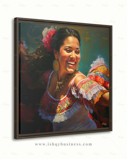 Mexican Folklorico Dancer Canvas Wall Art, Colorful Latina Woman Framed Canvas Print, Traditional Fiesta Oil Painting, Living Room Decor