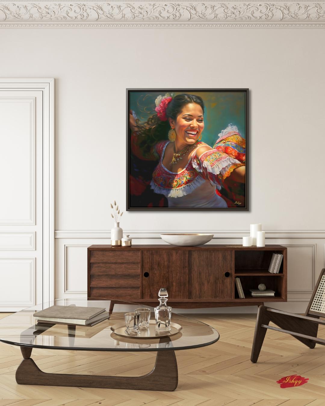 Mexican Folklorico Dancer Wall Art Print Canvas Framed Canvas, Colorful Latina Portrait Painting, Fiesta Decor for Living Room Bedroom Boho. mexican wall art, latina wall art, folklorico dancer, latina portrait, fiesta wall decor, mexican woman art, colorful portrait, art print, canvas wall art, framed canvas, living room decor, mexican folk art, traditional dress
