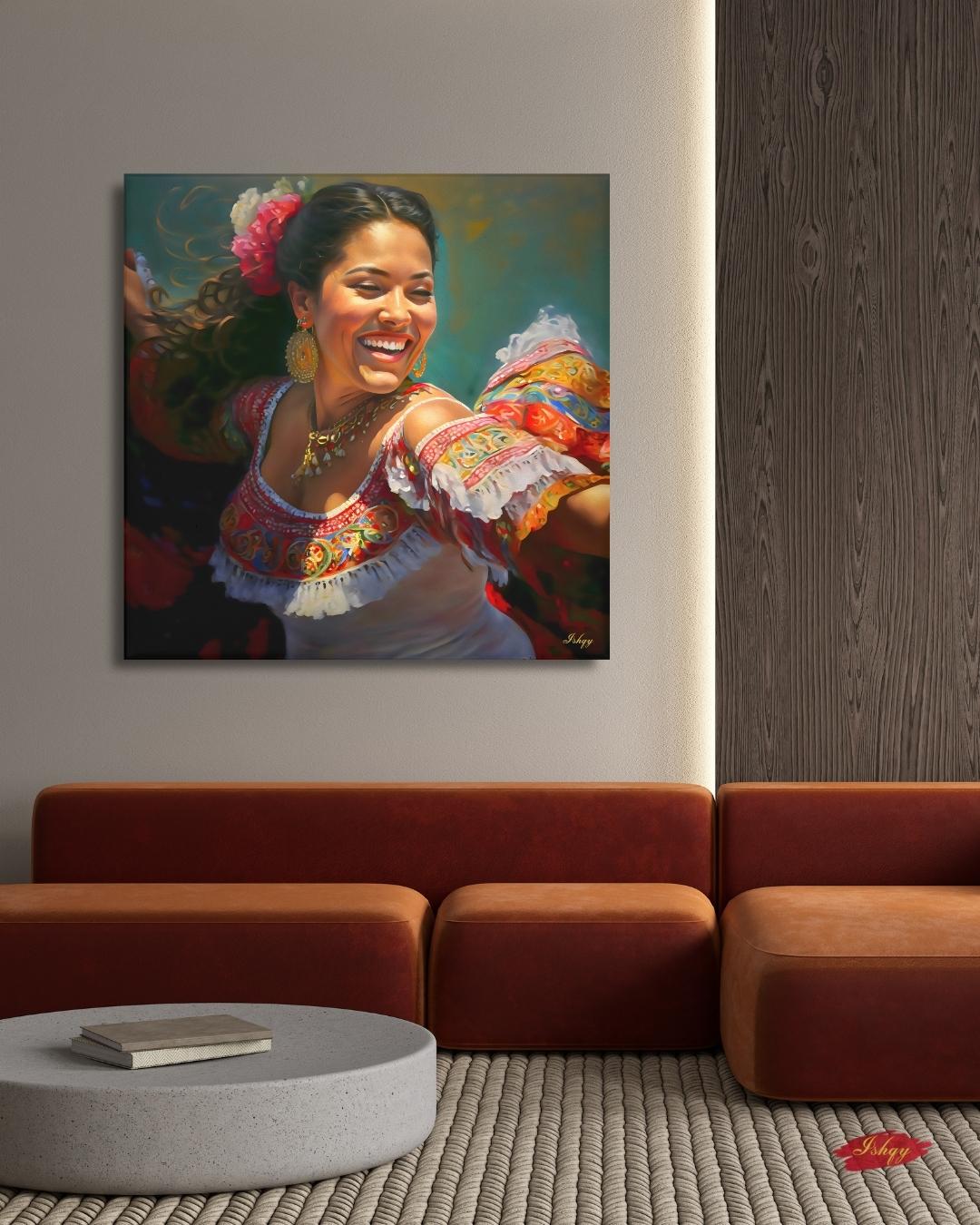Mexican Folklorico Dancer Wall Art Print Canvas Framed Canvas, Colorful Latina Portrait Painting, Fiesta Decor for Living Room Bedroom Boho. mexican wall art, latina wall art, folklorico dancer, latina portrait, fiesta wall decor, mexican woman art, colorful portrait, art print, canvas wall art, framed canvas, living room decor, mexican folk art, traditional dress