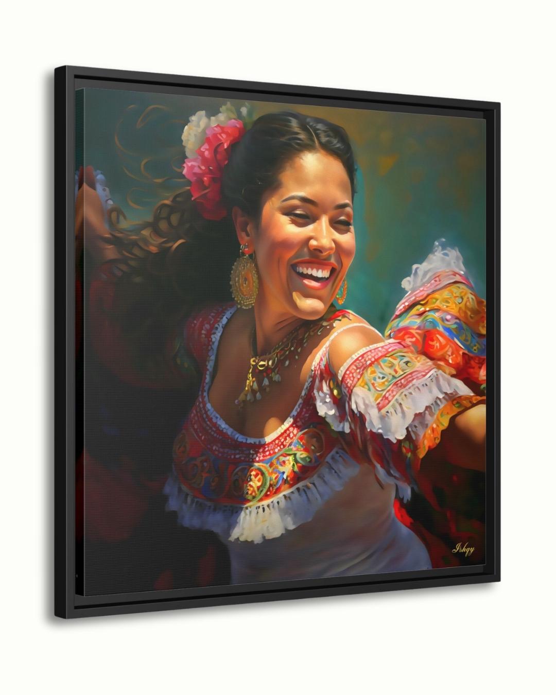 Mexican Folklorico Dancer Wall Art Print Canvas Framed Canvas, Colorful Latina Portrait Painting, Fiesta Decor for Living Room Bedroom Boho. mexican wall art, latina wall art, folklorico dancer, latina portrait, fiesta wall decor, mexican woman art, colorful portrait, art print, canvas wall art, framed canvas, living room decor, mexican folk art, traditional dress