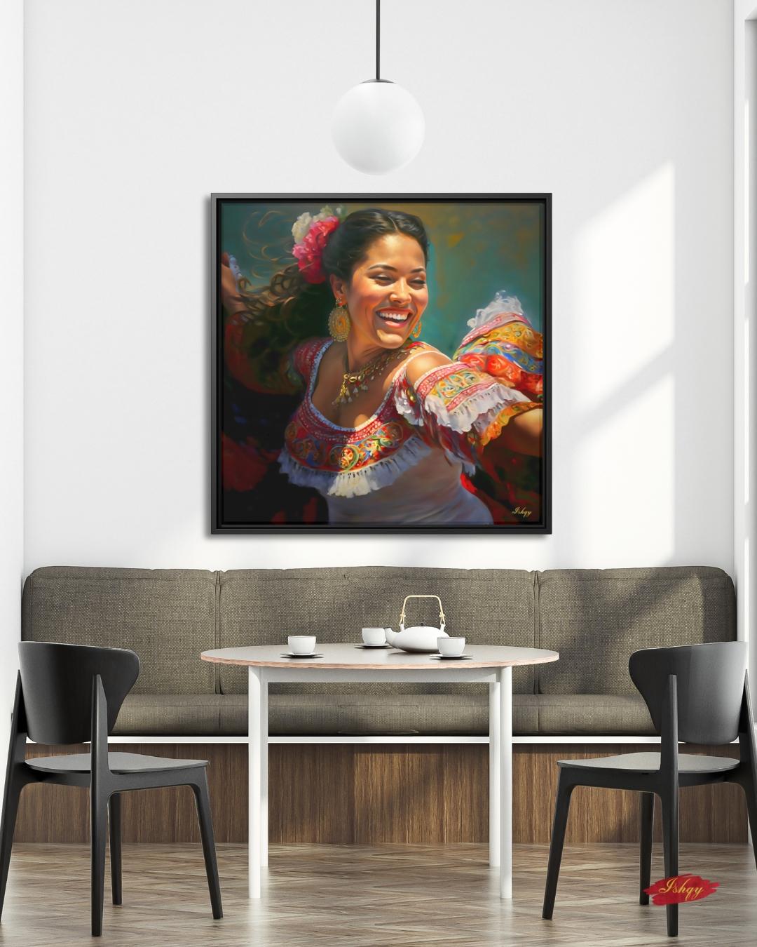 Mexican Folklorico Dancer Wall Art Print Canvas Framed Canvas, Colorful Latina Portrait Painting, Fiesta Decor for Living Room Bedroom Boho. mexican wall art, latina wall art, folklorico dancer, latina portrait, fiesta wall decor, mexican woman art, colorful portrait, art print, canvas wall art, framed canvas, living room decor, mexican folk art, traditional dress