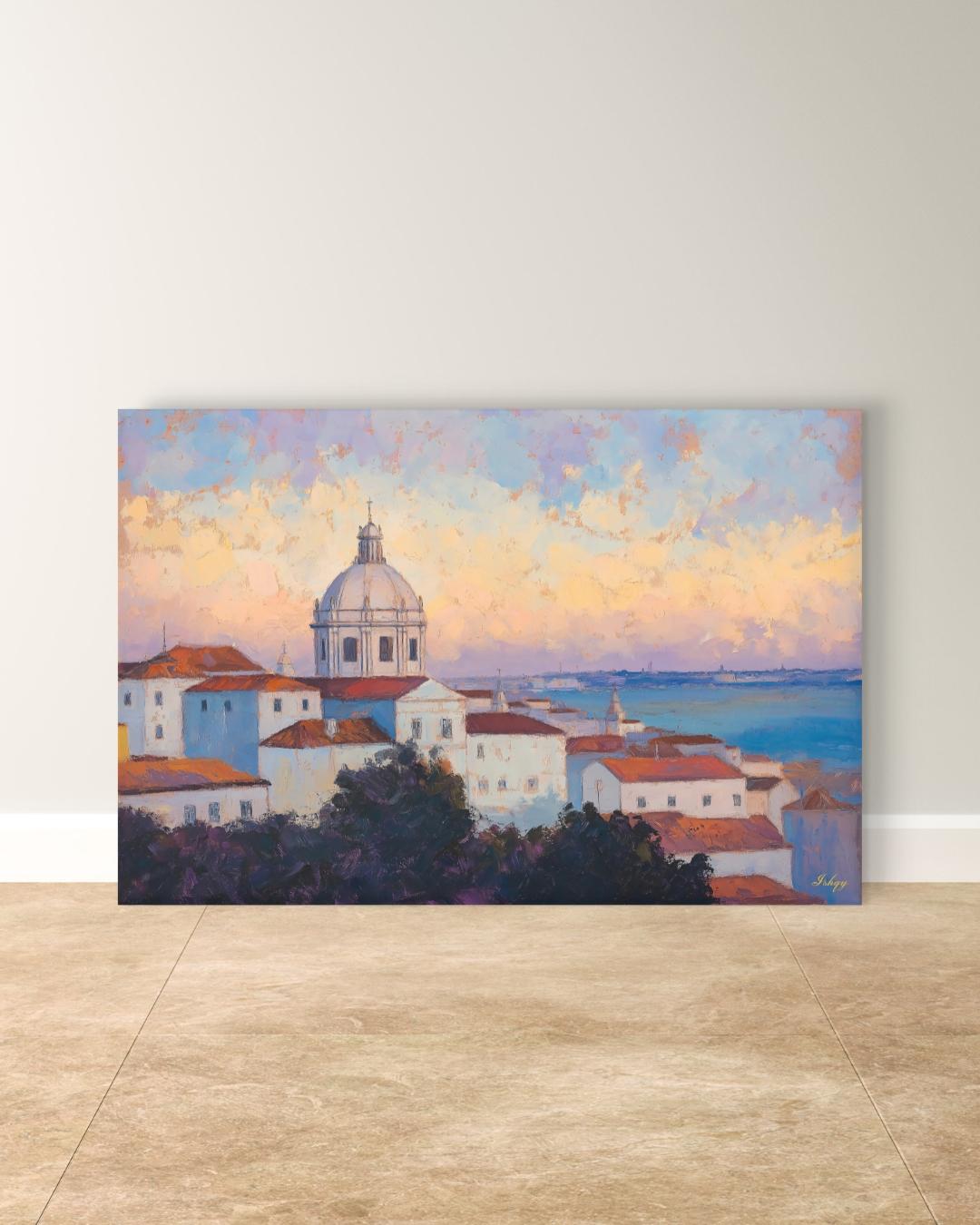 Lisbon Portugal Cityscape Painting Canvas Framed Canvas, Alfama Rooftops Skyline Art Print, European Coastal Wall Art For Living Room Decor