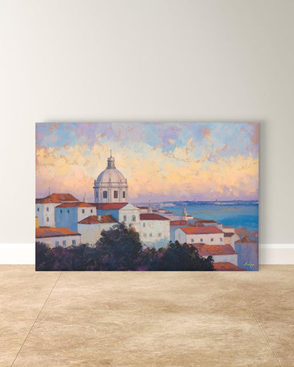 Lisbon Portugal Cityscape Painting Canvas Framed Canvas, Alfama Rooftops Skyline Art Print, European Coastal Wall Art For Living Room Decor