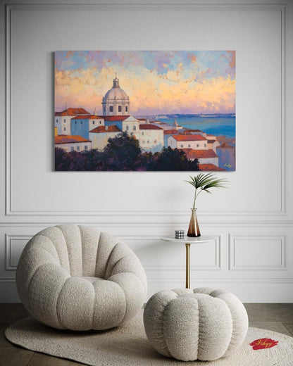 Lisbon Portugal Cityscape Painting Canvas Framed Canvas, Alfama Rooftops Skyline Art Print, European Coastal Wall Art For Living Room Decor