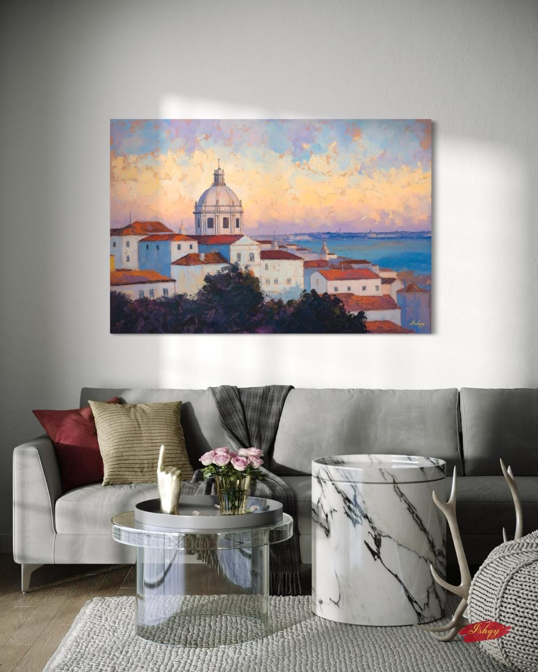 Lisbon Portugal Cityscape Painting Canvas Framed Canvas, Alfama Rooftops Skyline Art Print, European Coastal Wall Art For Living Room Decor