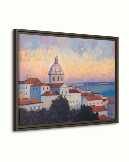 Lisbon Portugal Cityscape Painting Canvas Framed Canvas, Alfama Rooftops Skyline Art Print, European Coastal Wall Art For Living Room Decor