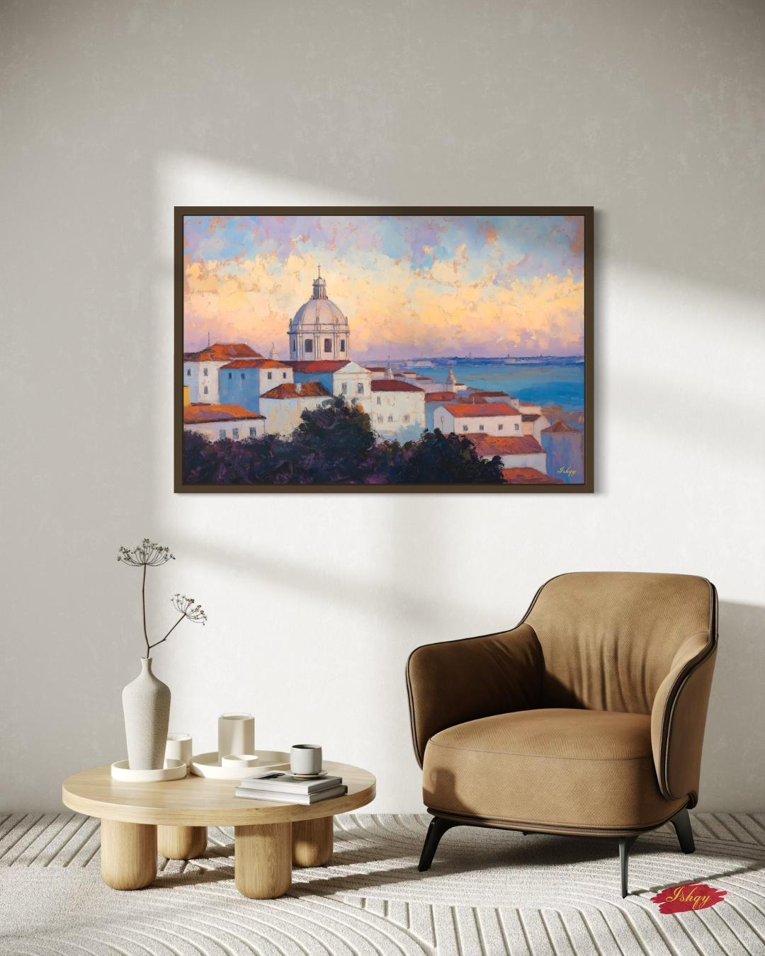 Lisbon Portugal Cityscape Painting Canvas Framed Canvas, Alfama Rooftops Skyline Art Print, European Coastal Wall Art For Living Room Decor