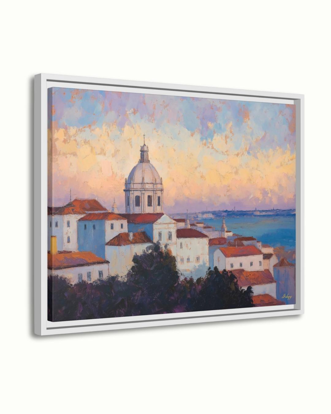 Lisbon Portugal Cityscape Painting Canvas Framed Canvas, Alfama Rooftops Skyline Art Print, European Coastal Wall Art For Living Room Decor