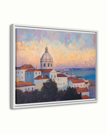 Lisbon Portugal Cityscape Painting Canvas Framed Canvas, Alfama Rooftops Skyline Art Print, European Coastal Wall Art For Living Room Decor