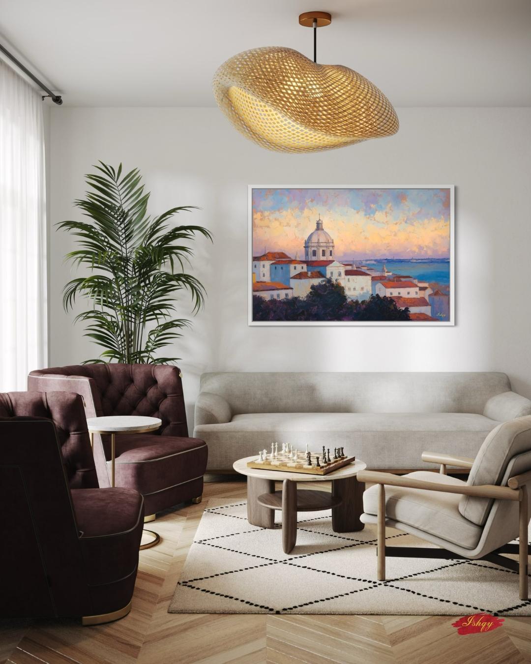 Lisbon Portugal Cityscape Painting Canvas Framed Canvas, Alfama Rooftops Skyline Art Print, European Coastal Wall Art For Living Room Decor