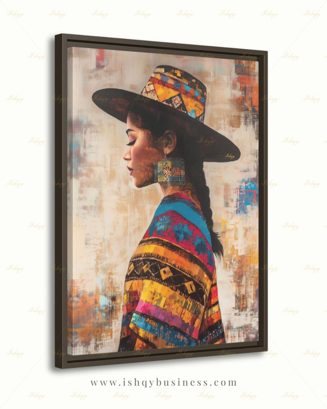 Salvadorian Wall Art Canvas Print, Latina Woman Portrait, Indigenous Textile Painting, Colorful Boho Decor, Framed Canvas Art, Cultural Gift
