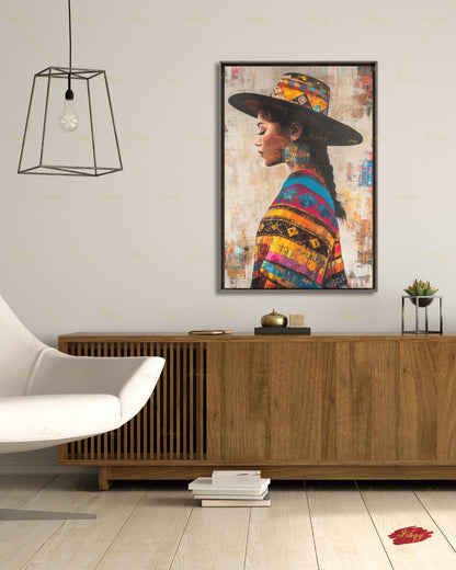Salvadorian Wall Art Canvas Print, Latina Woman Portrait, Indigenous Textile Painting, Colorful Boho Decor, Framed Canvas Art, Cultural Gift