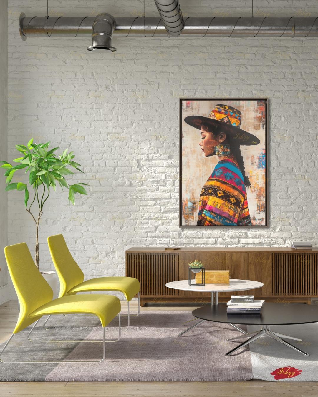 Salvadorian Wall Art Canvas Print, Latina Woman Portrait, Indigenous Textile Painting, Colorful Boho Decor, Framed Canvas Art, Cultural Gift