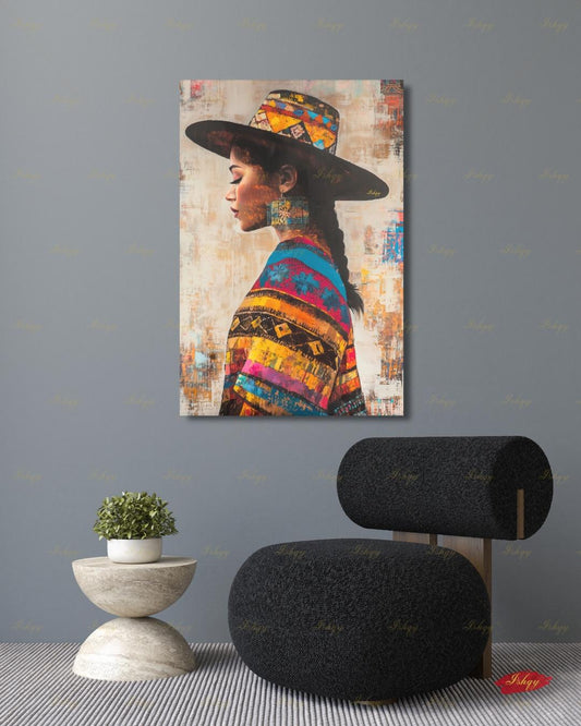 Salvadorian Wall Art Canvas Print, Latina Woman Portrait, Indigenous Textile Painting, Colorful Boho Decor, Framed Canvas Art, Cultural Gift
