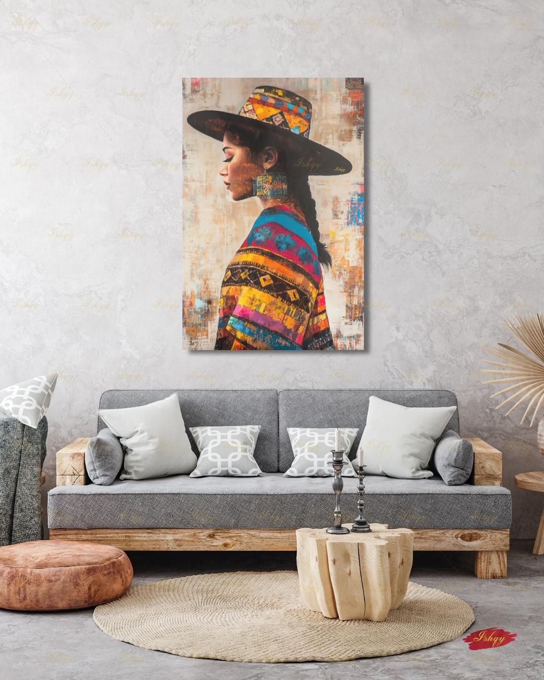 Salvadorian Wall Art Canvas Print, Latina Woman Portrait, Indigenous Textile Painting, Colorful Boho Decor, Framed Canvas Art, Cultural Gift