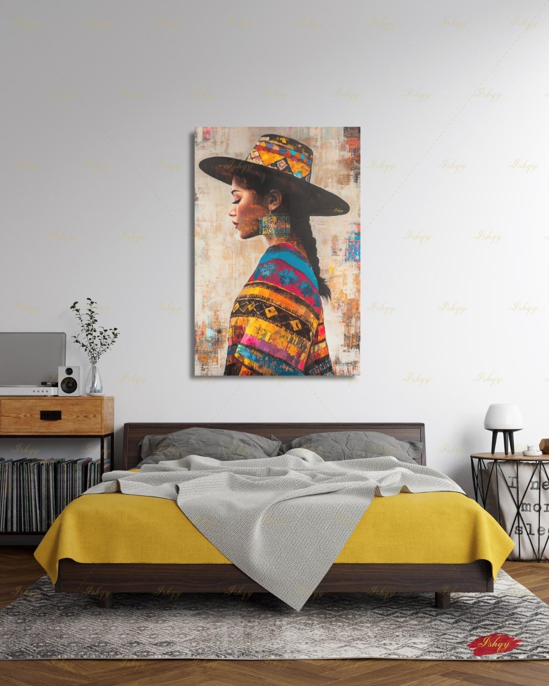 Salvadorian Wall Art Canvas Print, Latina Woman Portrait, Indigenous Textile Painting, Colorful Boho Decor, Framed Canvas Art, Cultural Gift