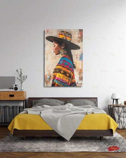 Salvadorian Wall Art Canvas Print, Latina Woman Portrait, Indigenous Textile Painting, Colorful Boho Decor, Framed Canvas Art, Cultural Gift