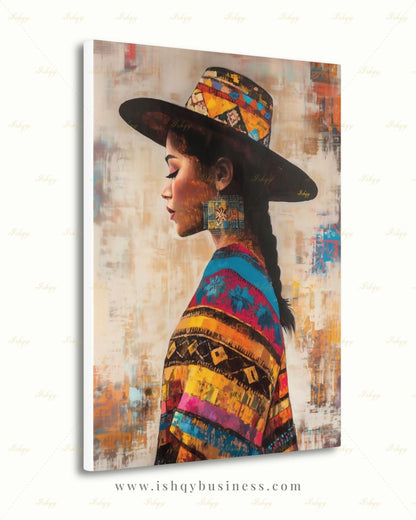 Salvadorian Wall Art Canvas Print, Latina Woman Portrait, Indigenous Textile Painting, Colorful Boho Decor, Framed Canvas Art, Cultural Gift