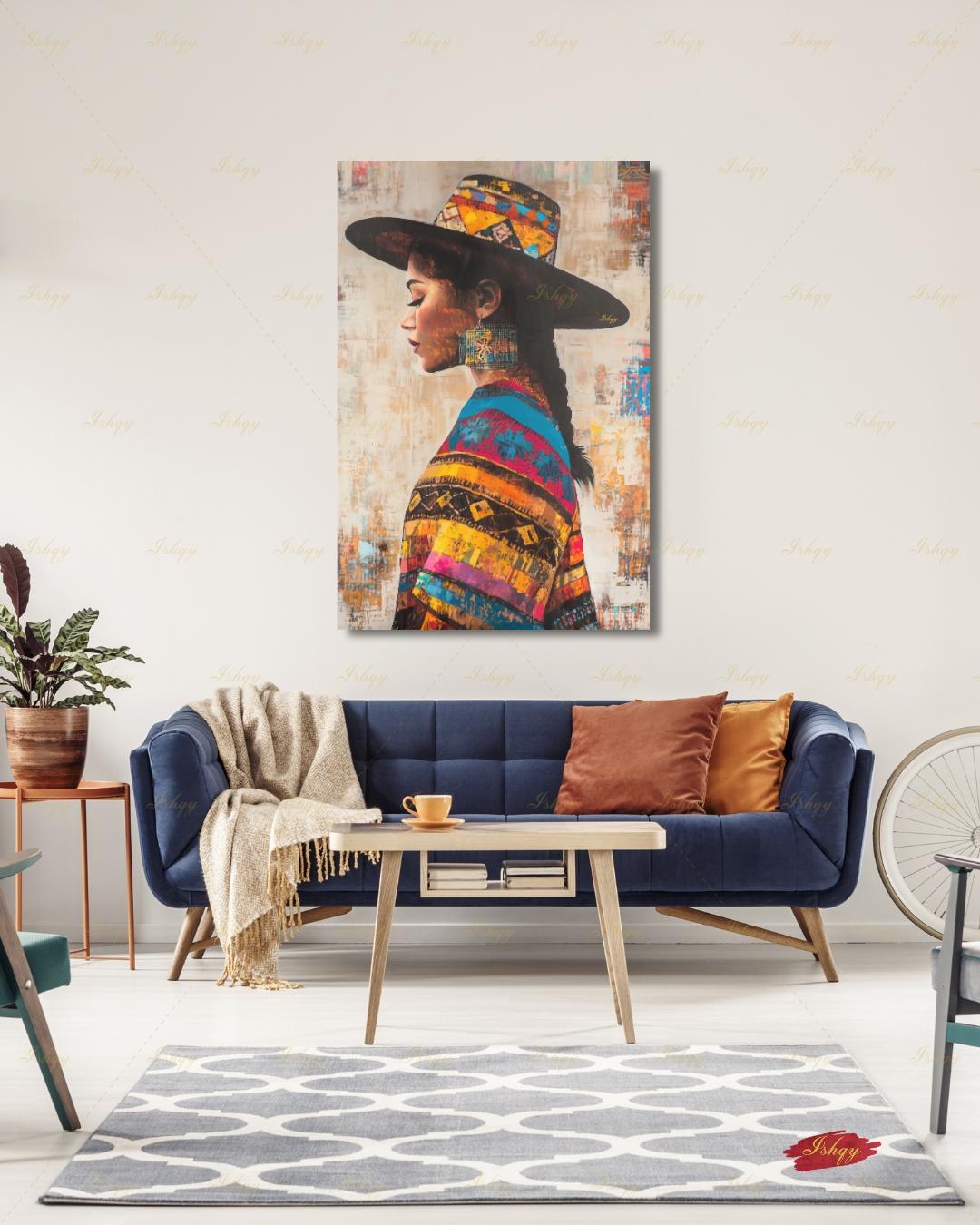 Salvadorian Wall Art Canvas Print, Latina Woman Portrait, Indigenous Textile Painting, Colorful Boho Decor, Framed Canvas Art, Cultural Gift