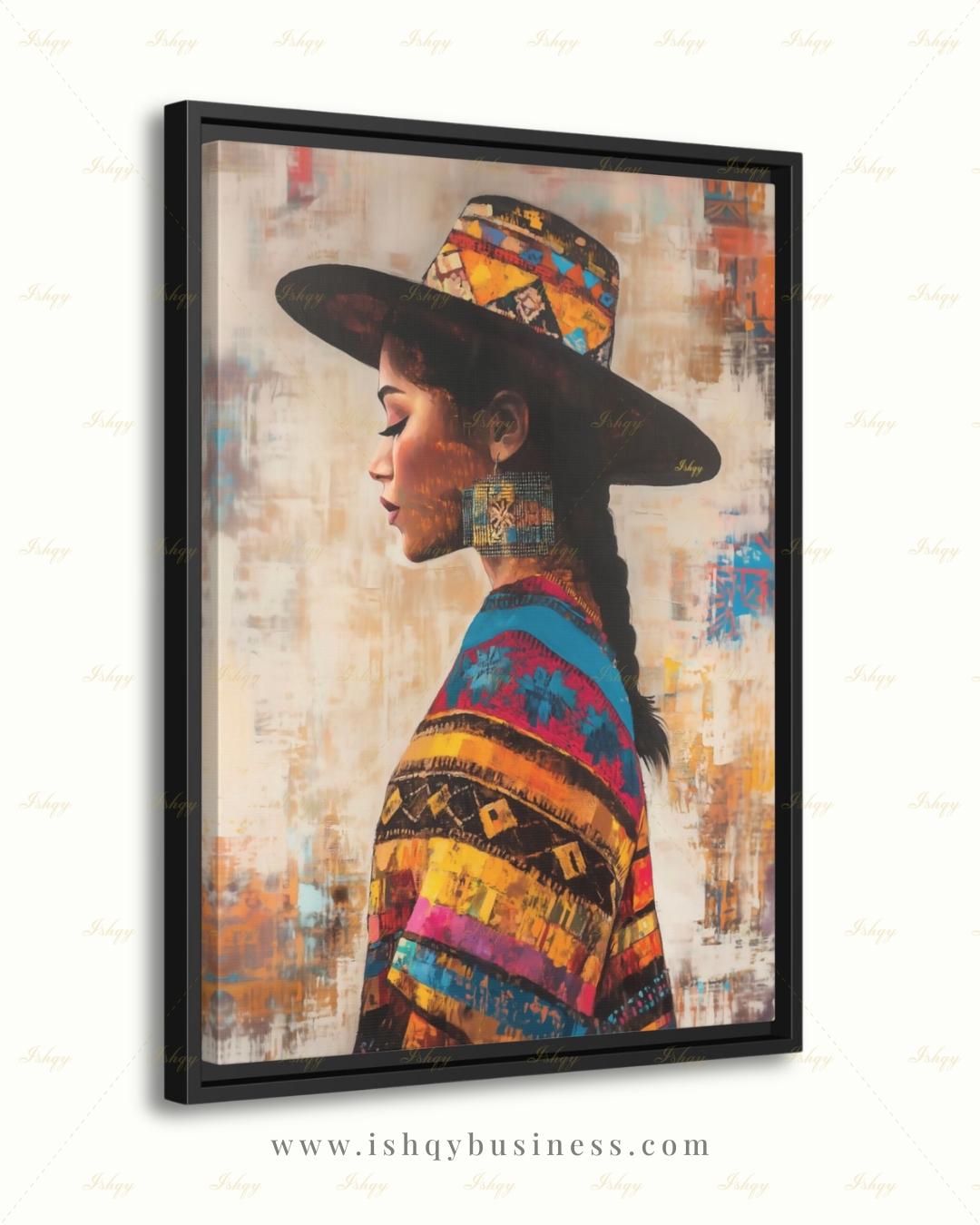 Salvadorian Wall Art Canvas Print, Latina Woman Portrait, Indigenous Textile Painting, Colorful Boho Decor, Framed Canvas Art, Cultural Gift