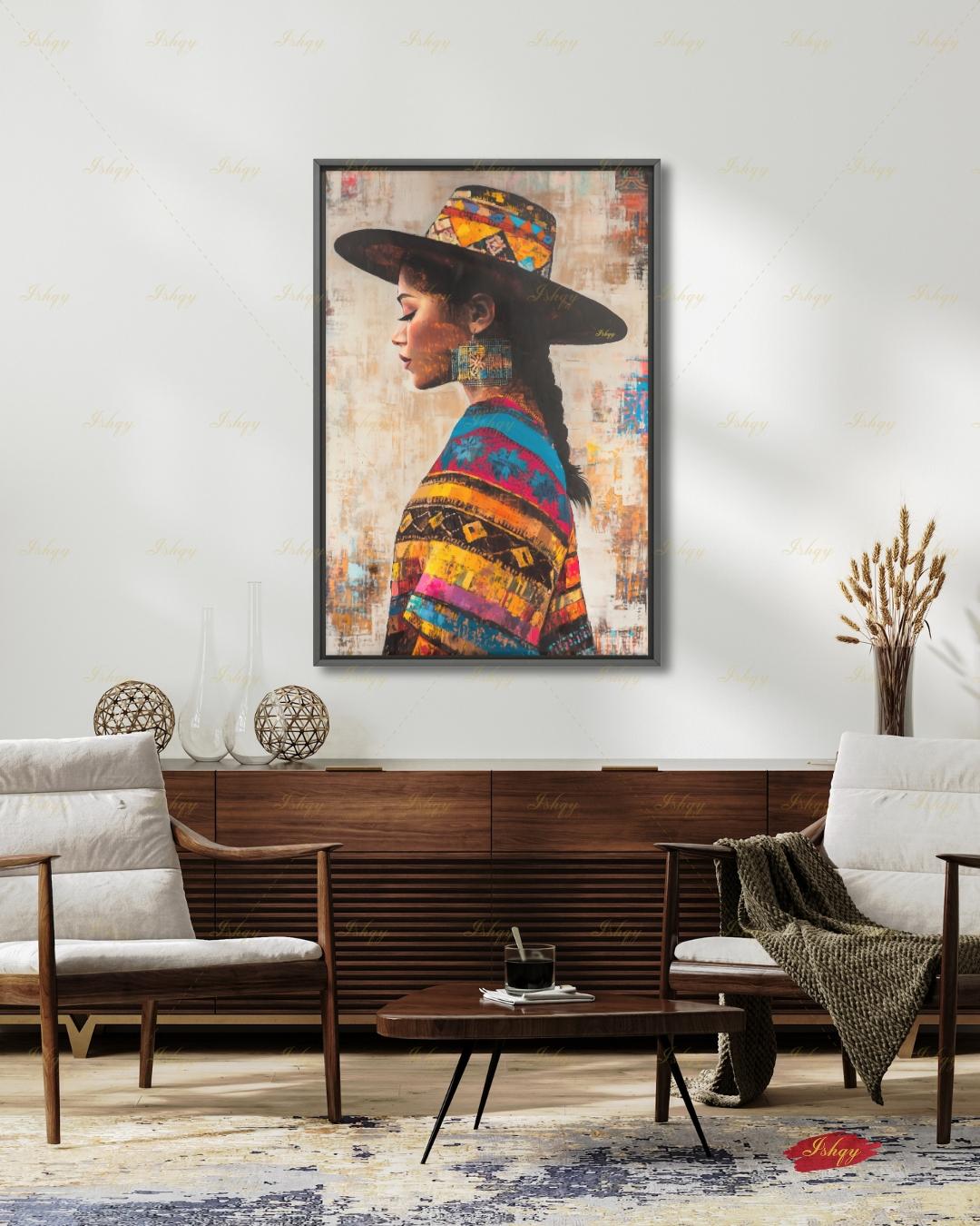 Salvadorian Wall Art Canvas Print, Latina Woman Portrait, Indigenous Textile Painting, Colorful Boho Decor, Framed Canvas Art, Cultural Gift